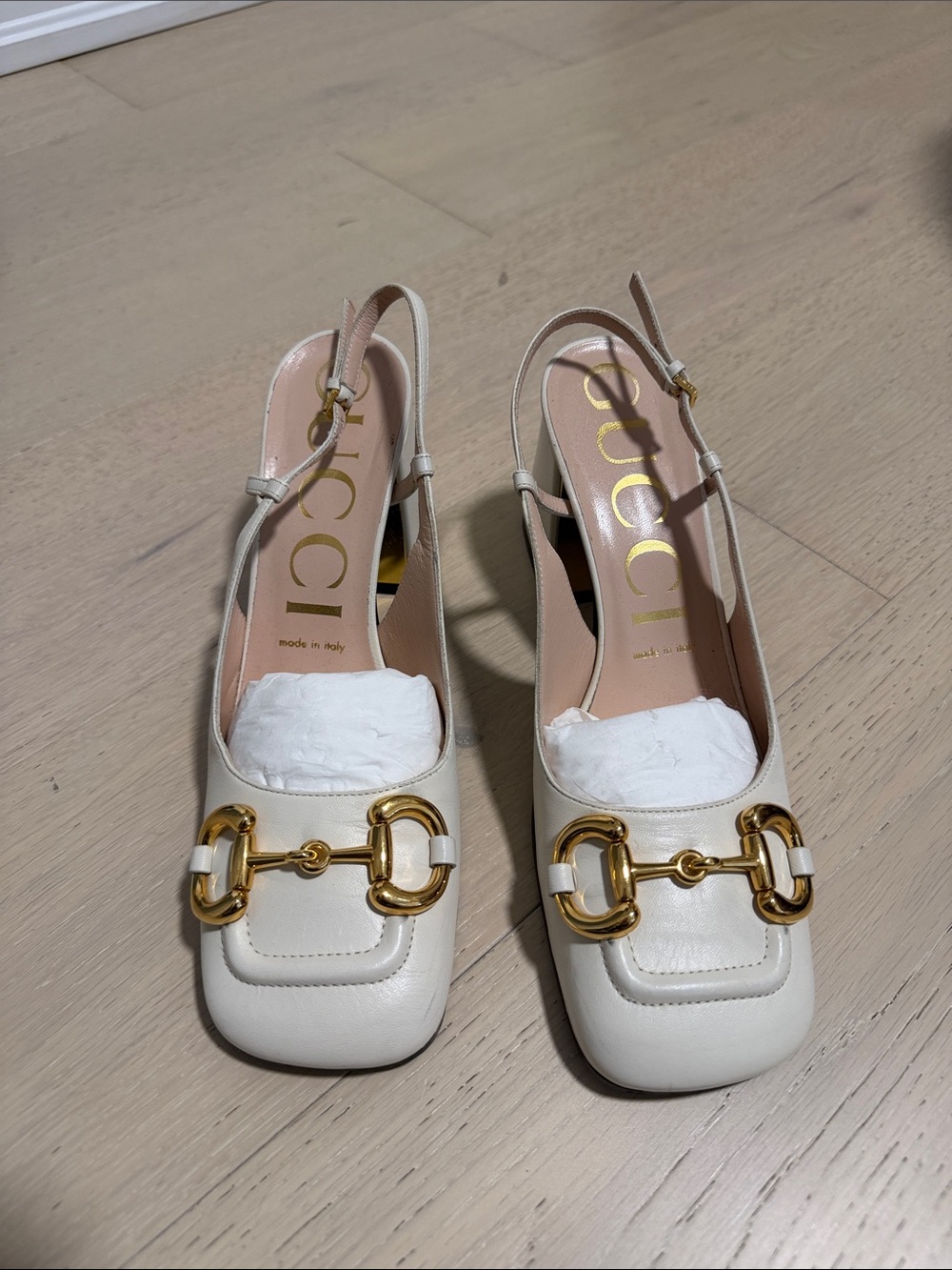 Gucci Cream Leather Horsebit Slingback Pumps